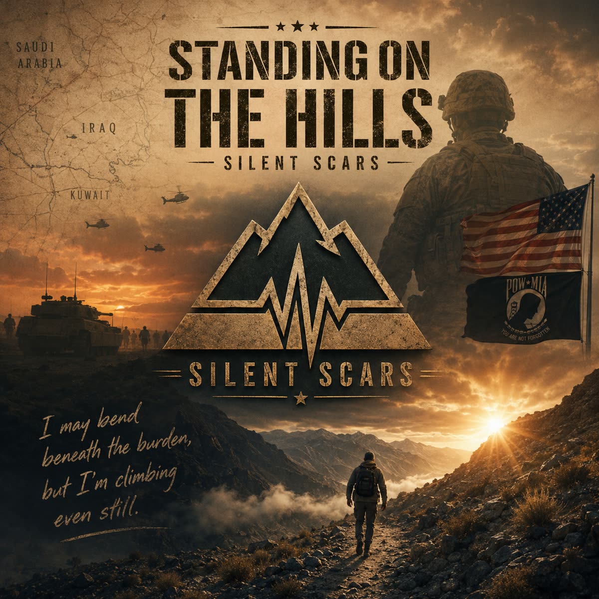 Standing on the Hills — single cover: a soldier walking toward sunrise beneath the Silent Scars mountain emblem